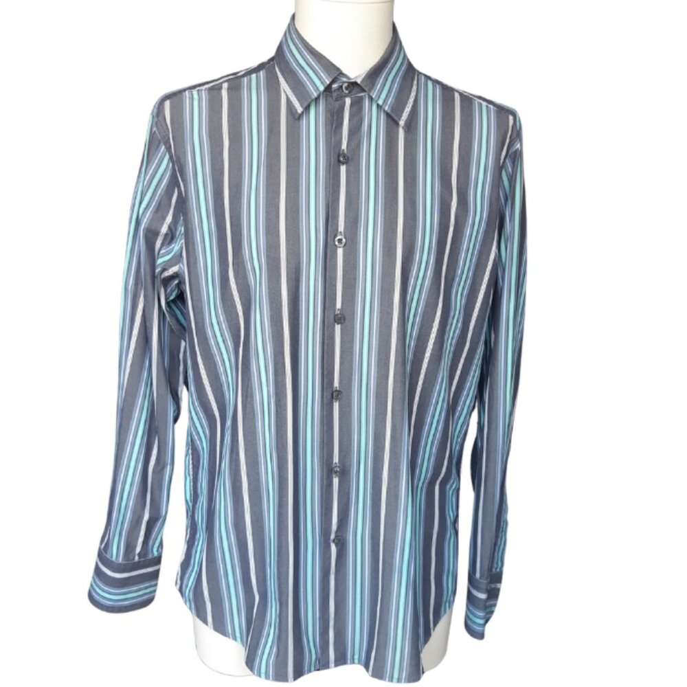GAP SZ M Fitted Teal and Black Striped Cotton Men's  Shirt⚡️Buy 3 For $55⚡️